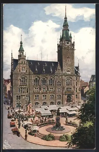 Künstler-AK Elberfeld, Rathaus mit Denkmal