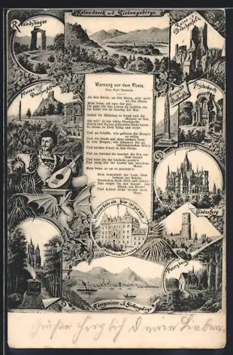 AK Königswinter /Siebengebirge, Rolandseck, Rolandsbogen, Ruine a. d. Drachenfels, Gedicht Warnung vor dem Rhein