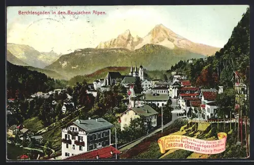 AK Berchtesgaden in den Bayrischen Alpen, Strassenpartie mit Kirche, Leipzig, Tuchversandgeschäft von Christian Günther