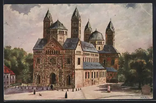 Künstler-AK Speyer, Kaiserdom, Morgenstimmung mit Passanten