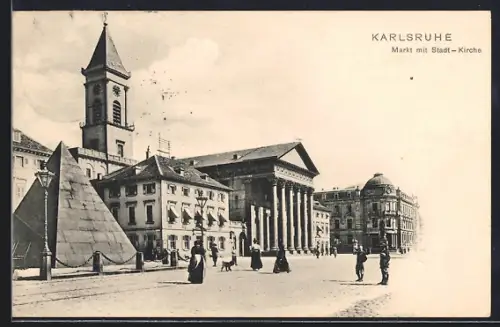 AK Karlsruhe, Markt mit Stadt-Kirche