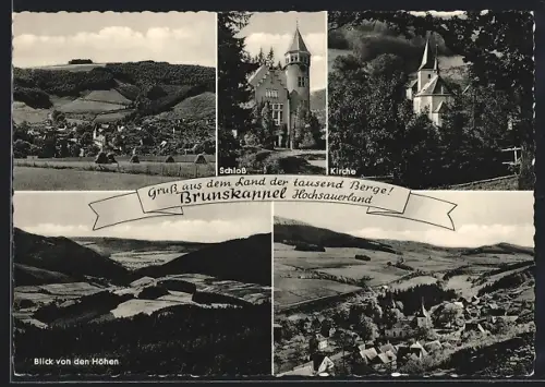 AK Brunskappel /Hochsauerland, Schloss, Kirche, Blick von den Höhen