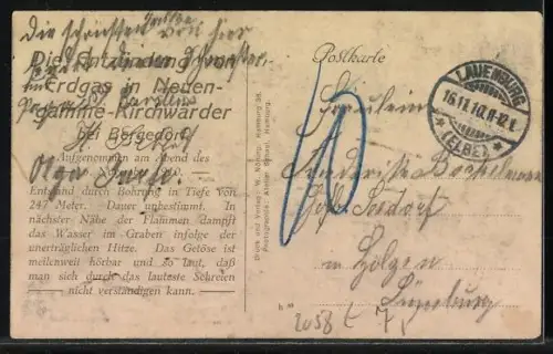 AK Hamburg-Neuengamme, Die Entzündung von Erdgas 1910
