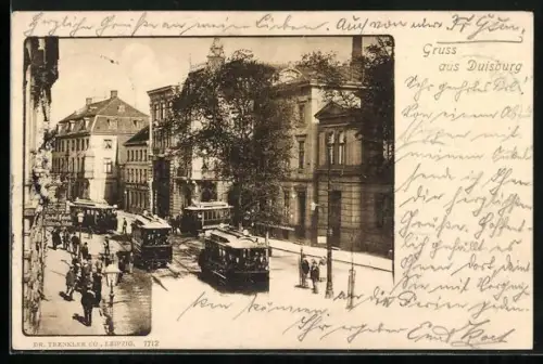 AK Duisburg, Strassenbahnen und die Möbel-Fabrik G. Hübner u. Söhne