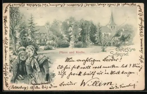 AK Scheessel, Blick auf Pfarre und Kirche mit zwei Damen mit Bibel