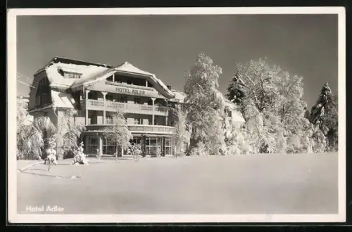 AK Hinterzarten /Hochschwarzwald, Hotel Adler in verschneiter Landschaft