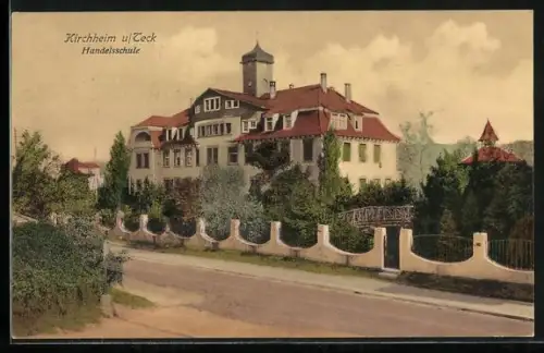 AK Kirchheim u. Teck, Handelsschule mit Strasse und Brücke