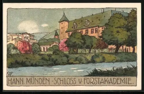 Steindruck-AK Hann Münden, Schloss und Forstakademie