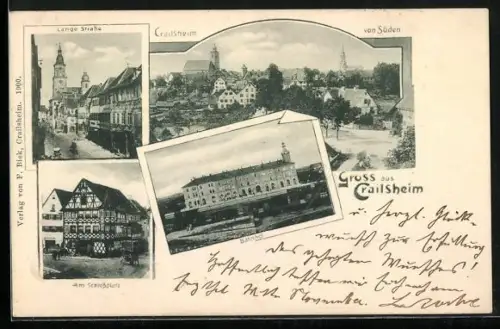 AK Crailsheim, Ortspartien Lange Strasse, Am Schlossplatz und der Bahnhof