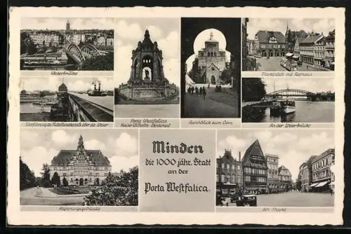 AK Minden / Weser, Weserbrücke, Marktplatz und Regierungsgebäude