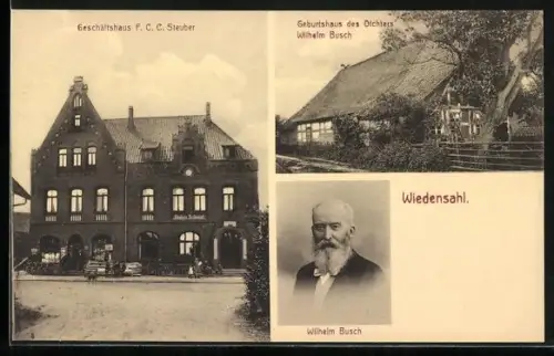AK Wiedensahl, Geburtshaus von Wilhelm Busch und Portrait, Gesamtansicht vom Geschäftshaus F.C.C. Steuber