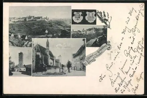 AK Rothenburg / Tauber, Marktplatz, alte Stadtmauer und Wappen