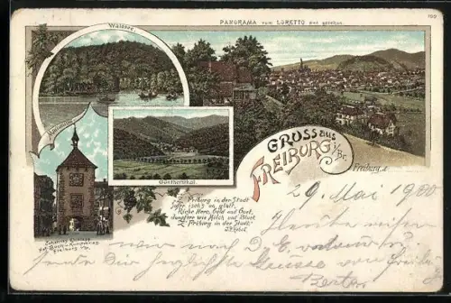 Lithographie Freiburg / Breisgau, Güntherstal, Waldsee und Martinstor