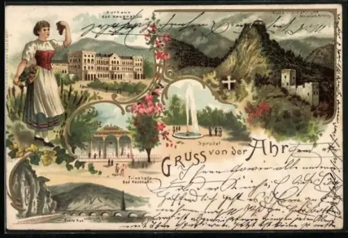 Lithographie Bad Neuenahr, Kurhaus, Trinkhalle, Bunte Kuh, Ruine & Weisses Kreuz