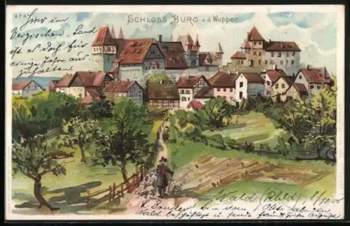 Lithographie Burg a. d. Wupper, Blick auf das Schloss