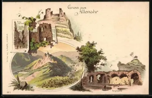 Lithographie Altenahr, Burgkapelle, Burg-Verliess, Rittersprung