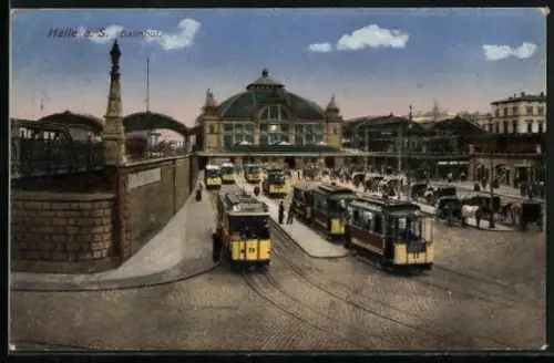 AK Halle a. S., Strassenbahn-Haltestelle am Bahnhof