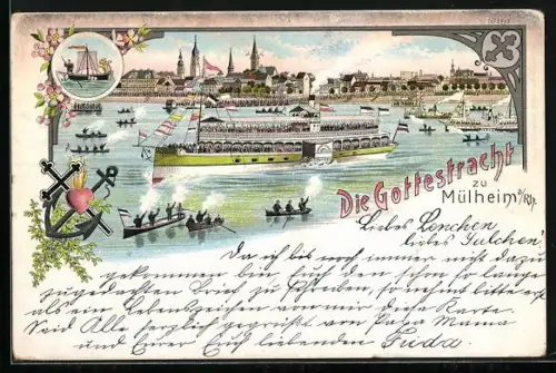 Lithographie Köln-Mülheim, Die Gottestracht, Rheinpartie mit Dampfer Stadt Köln, Anker und Wappen