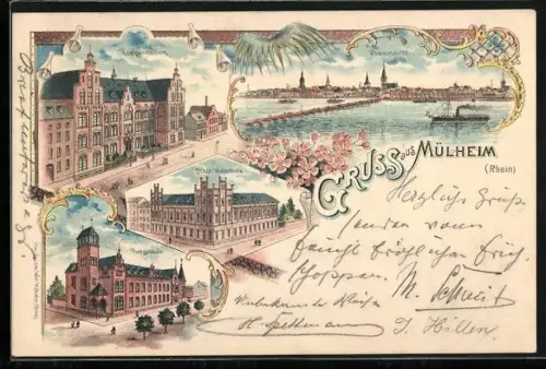 Lithographie Köln-Mülheim, Stadtpanorama mit Rhein, Städtische Webschule
