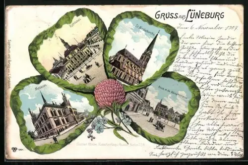 Passepartout-Lithographie Lüneburg, Museum, Rathaus, St. Nicolaikirche, Kleeblatt