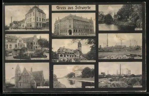 AK Schwerte, Ortspartie vom Bahnhof, Nickelhütte und Kriegerdenkmal mit Postamt