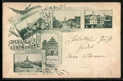 AK Lüneburg, Partien Marktplatz, Altes Haus am Sand und Kaufhaus mit Kran