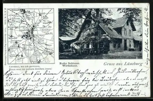 AK Lüneburg, Gesamtansicht Gasthaus Rothe Schleuse und Karte der Umgebung