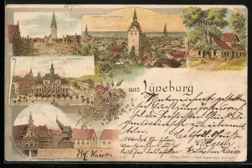 Lithographie Lüneburg, Marktplatz, Rothe Schleuse - Wirtshaus, Kaufhaus m. Krahn, Ortsansicht v. Kalkberge