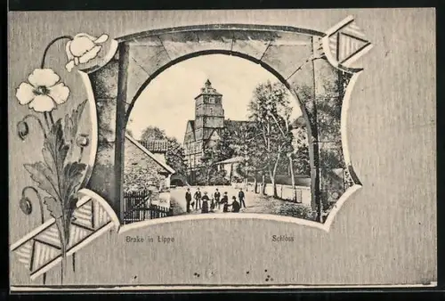 AK Brake in Lippe, Strassenpartie mit Schloss
