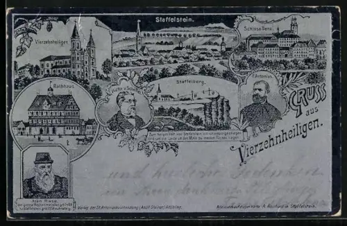 Metallfolien-AK Vierzehnheiligen / Maintal, Ortpartien Staffelberg, Rathaus und Schloss Banz