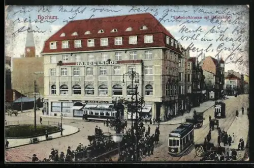 AK Bochum, Strassenbahn in der Bahnhofstrasse mit Handelshof