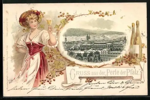 Passepartout-Lithographie Neustadt an der Haardt, Ortsansicht, Dame bei der Weinverkostung