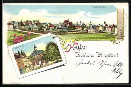 Lithographie Hanau, Totalansicht, Frankfurter Tor