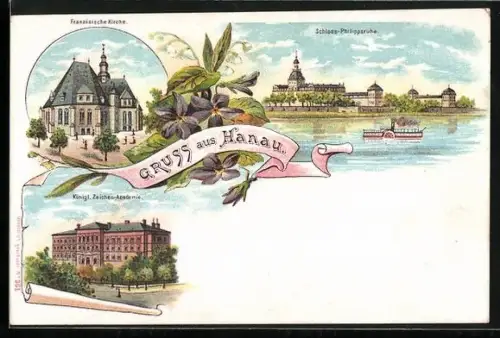 Lithographie Hanau, Partie Schloss Philippsruhe, Französische Kirche und königl. Zeichen-Academie