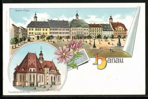 Lithographie Hanau, Franz. Kirche, Marktplatz