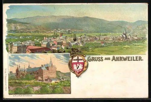 Lithographie Ahrweiler, Panorama mit Calvarienberg
