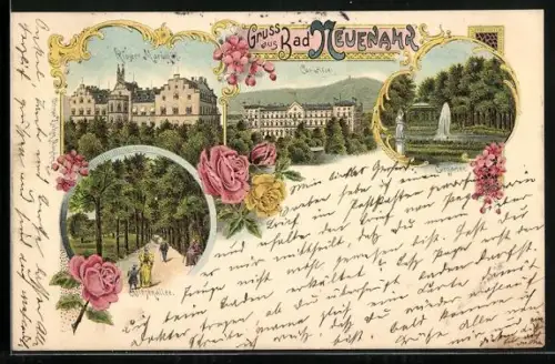 Lithographie Bad Neuenahr, Ansichten Wiesenallee, Curgarten und Kloster Mariahilf