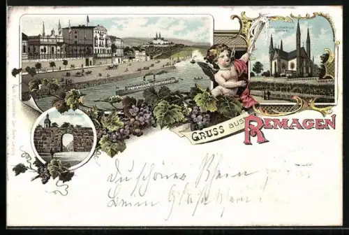 AK Remagen, Ortsansicht, Partie n der Apolinninarius Kirche und am Römerthor