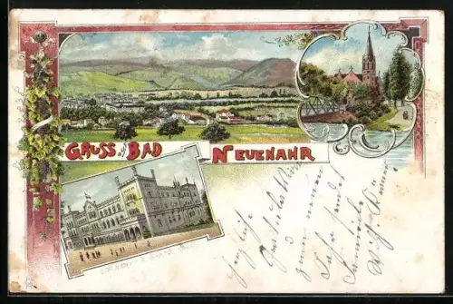 Lithographie Bad Neuenahr, Kurhaus, Kirche, Gesamtansicht