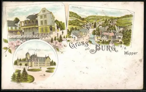 Lithographie Burg a. d. Wupper, Ortansicht Unterburg, Gebäude im Ort und Partie am Schloss
