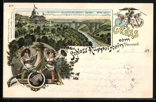 AK Remscheid, Schloss Küppelstein mit Eisenbahnbrücke, Wappenschild und Kinder mit Trinkhorn