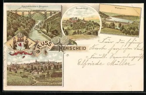 Lithographie Remscheid, Schloss Burg, Thalsperre, Eisenbahnbrücke
