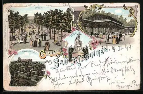 Lithographie Bad Kissingen, Trauernde Germania, Musik-Pavillon, Rakoczy-Brunnen, Kurgarten