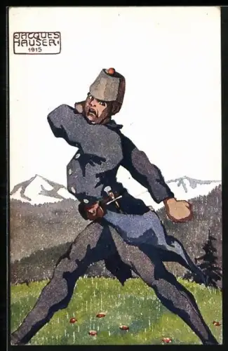 Künstler-AK sign. Jaques Hauser: Schweizer Soldat des Füs. Bat. 99