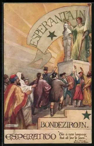 Künstler-AK Esperanto, Bondezirojn, Frau legt Kranz auf Denkmal