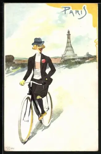 AK Paris, junger Mann auf Fahrrad, Eiffelturm