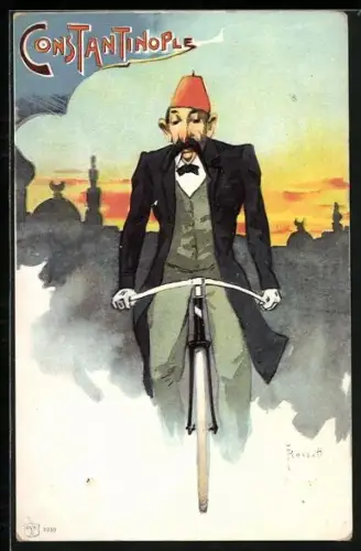 Künstler-AK sign. Rossetti: Constantinople, Mann mit Hut fährt Fahrrad