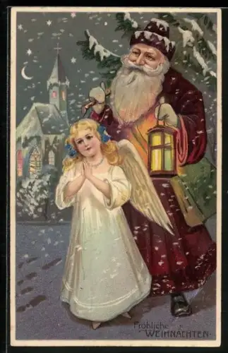Künstler-AK Weihnachtsmann und Weihnachtsengel laufen durch einen verschneiten Ort
