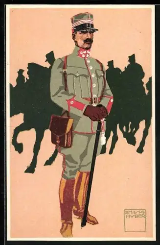 Künstler-AK sign. Emil Huber: Felduniform, Neue Ordonnanz, 6. Cavallerie, Oberst