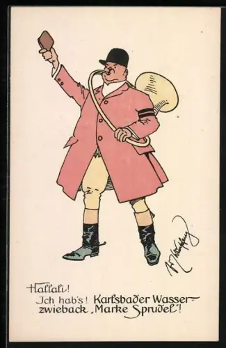 Künstler-AK Fritz Schönpflug: Karlsbad, Ich hab`s! Karlsbader Wasserzwieback Marke Sprudel